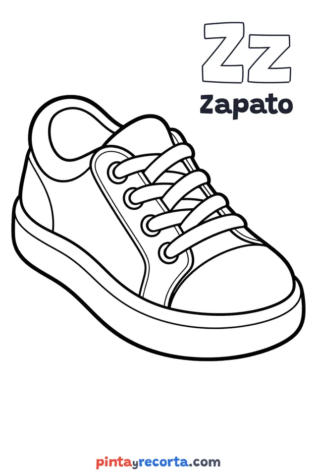 Dibujo de zapato para colorear con la letra Zz y la palabra Zapato, nivel básico