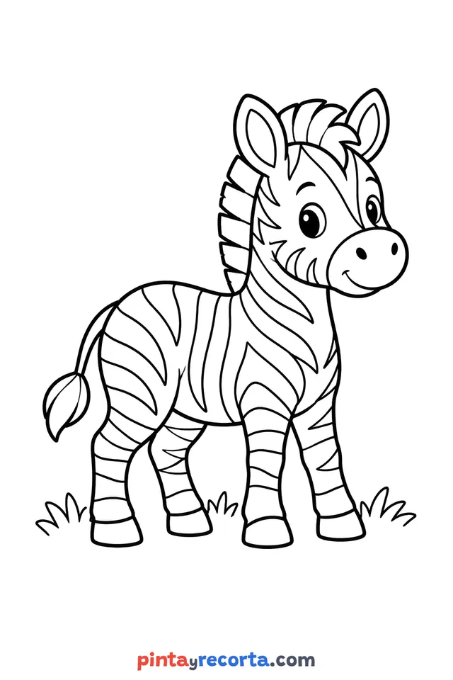 Zebra coloring page: full body in a calm pose, easy level with thick outlines and big spaces