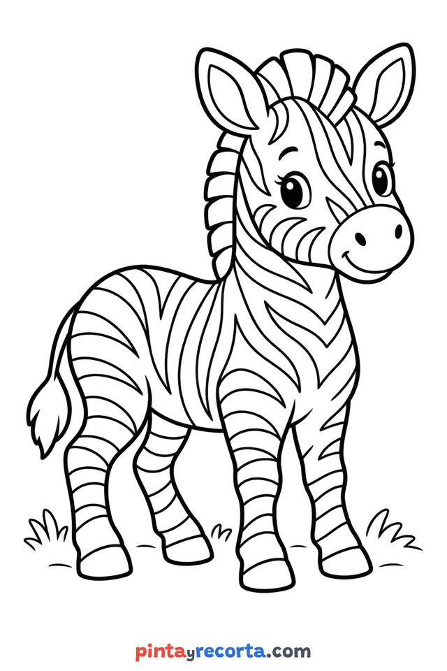 Dibujo de zebra para colorear de cuerpo completo en pose tranquila, nivel básico con trazos gruesos y áreas grandes