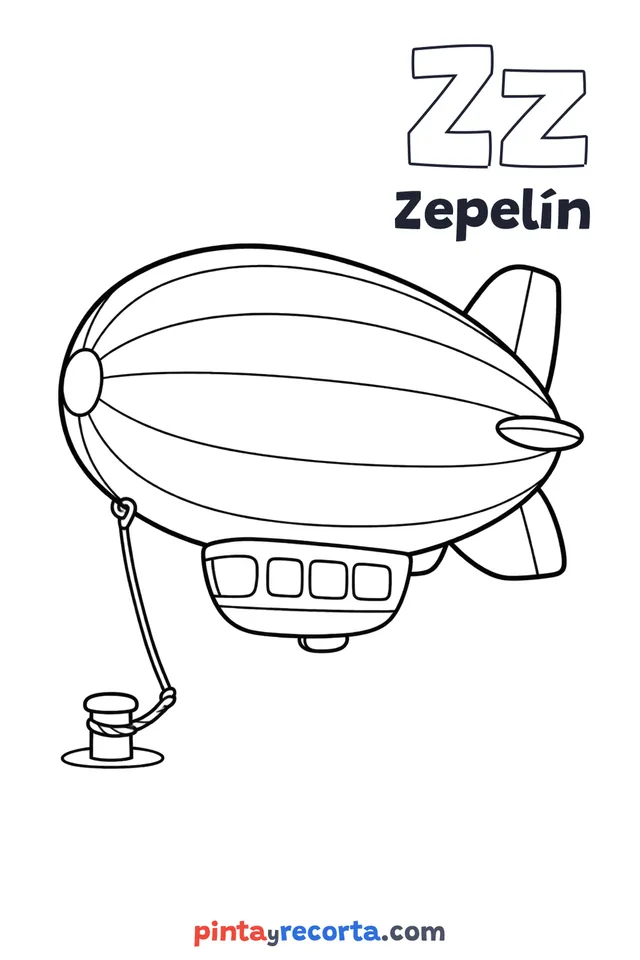 Dibujo de zepelín para colorear con la letra Zz y la palabra Zepelín, nivel básico