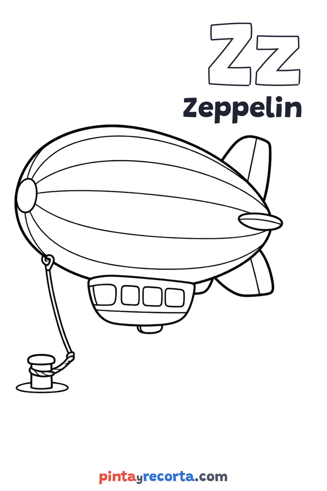 Zeppelin coloring page with the letter Zz and the word Zeppelin, easy level