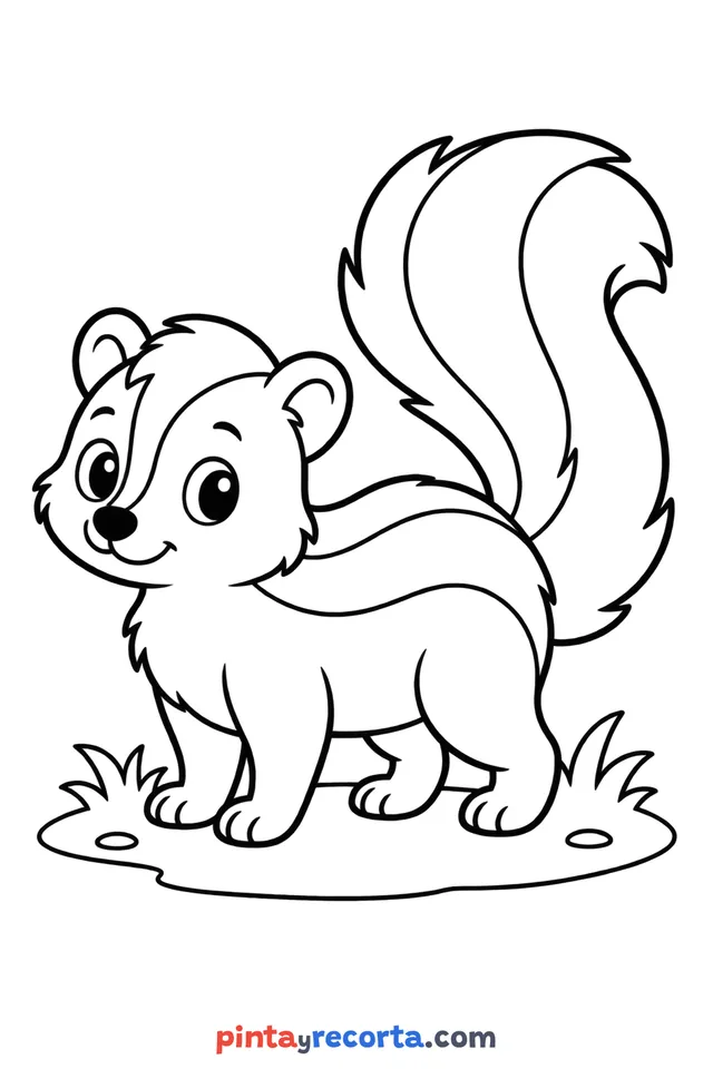 Dibujo de zorrillo para colorear de cuerpo completo en pose tranquila, nivel básico con trazos gruesos y áreas grandes